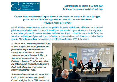 Élection de Benoît Hamon à la présidence d’ESS France : la réaction de Denis Philippe, président de la Chambre régionale de l’économie sociale et solidaire Provence-Alpes-Côte d’Azur